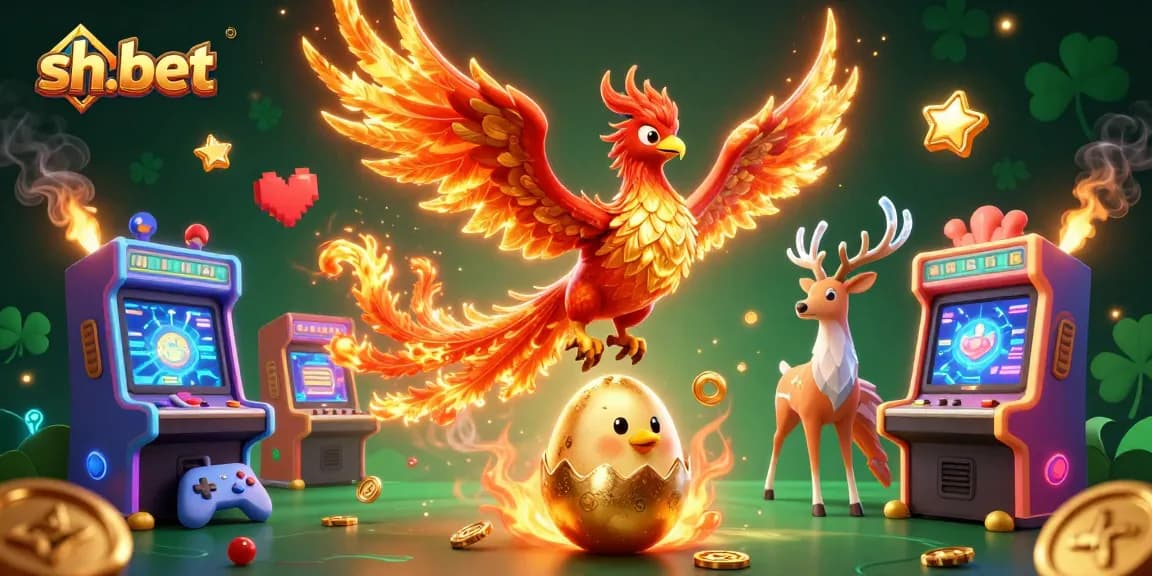 Experience the thrill of sh-bet with vibrant 3D phoenixes and casino elements combined in an energetic scene.