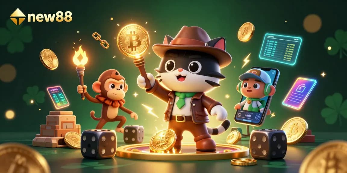 Play at new88 with fun characters in an exciting casino-themed adventure illustration.