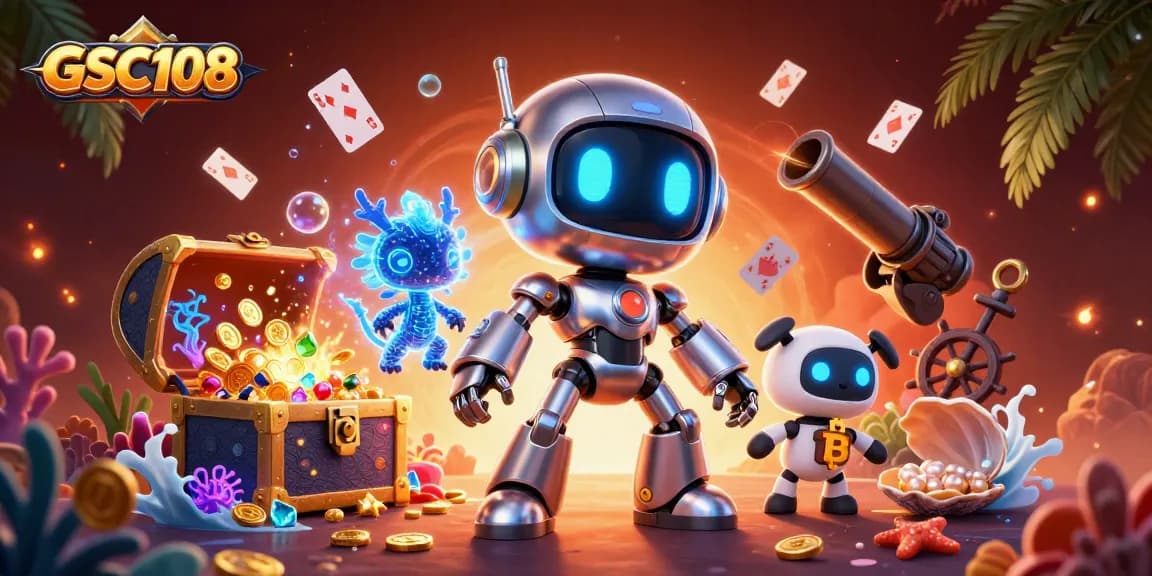 Play exclusive games on GSC108 with a vibrant 3D casino scene featuring digital treasures.