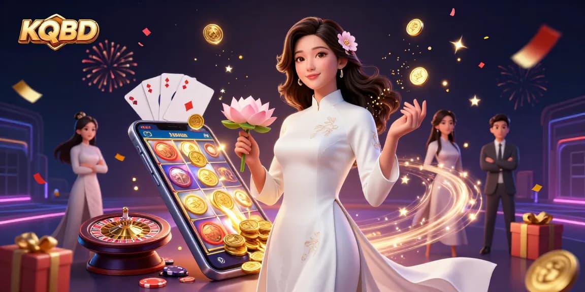 KQBD showcases an elegant Asian woman celebrating with slots and coins in a vibrant casino scene.