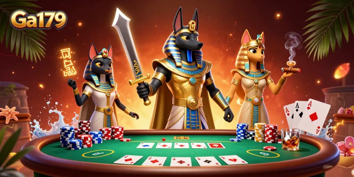 Experience thrilling poker action with Ga179 featuring ancient warrior characters in a vibrant casino atmosphere.