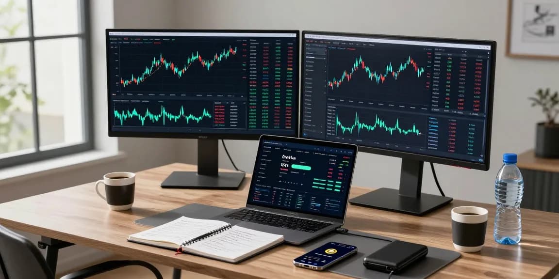 Playexch247 cryptocurrency trading dashboard showcasing live markets, digital wallet, and professional trading tools in a modern home office.