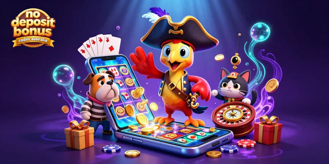Play and win with the latest no deposit bonus codes australia, featuring vibrant casino elements and exciting characters.