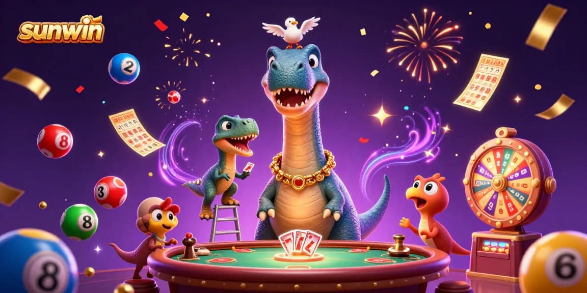Experience thrilling games at sunwin's vibrant casino with a playful dinosaur dealer enjoying the action.