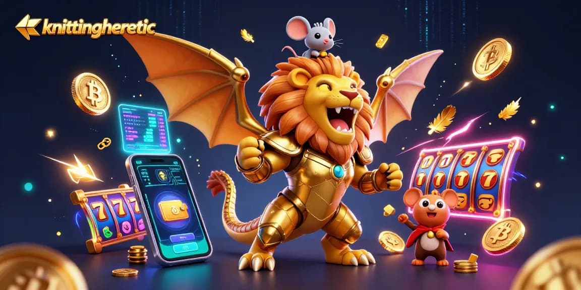Experience thrilling gameplay with knittingheretic as a fierce chimera takes center stage, surrounded by vibrant slot machine symbols.