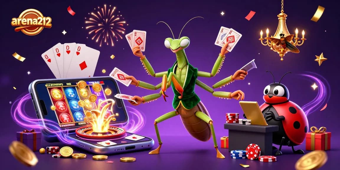 Menggoda kasino arena212 dengan kartu dan chip tersebar di sekitar karakter yang ceria.