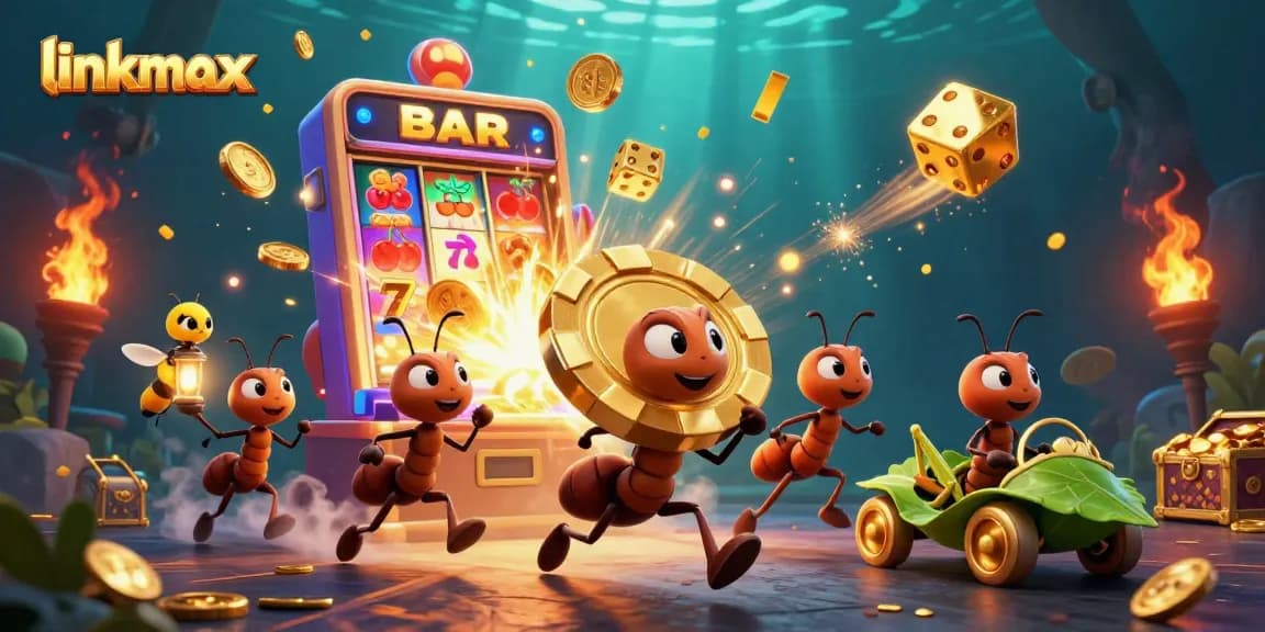 Experience thrilling gameplay with link vmax, featuring a heist of giant poker chips with cartoon ants in a vibrant casino setting.