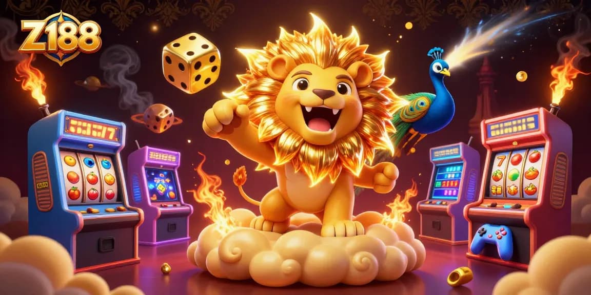 Z188's vibrant 3D casino illustration showcases exhilarating gaming elements and a captivating lion character.