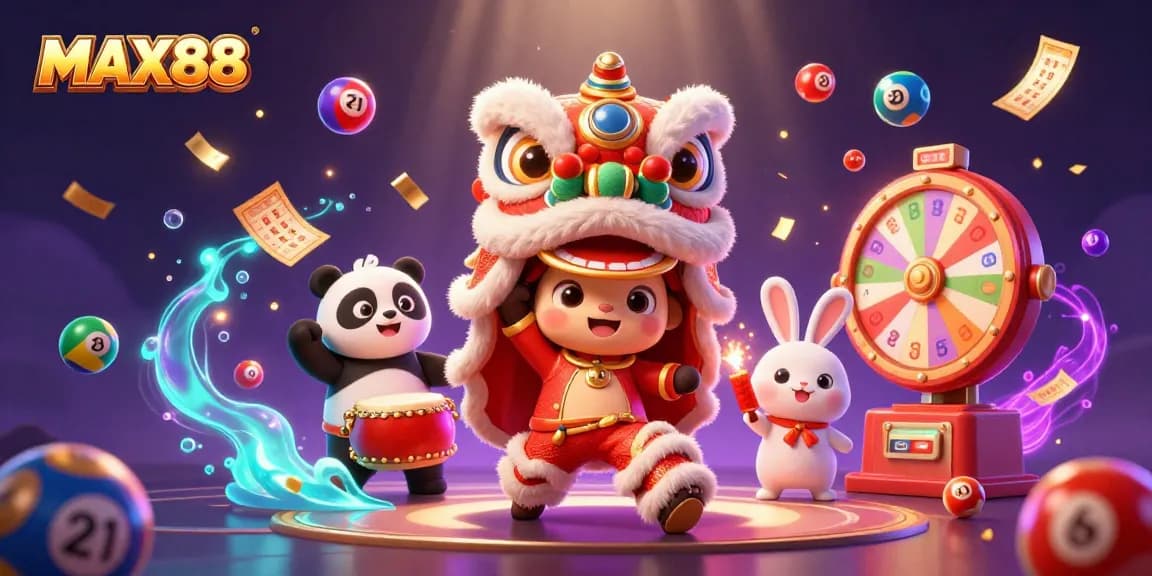 Experience the excitement of MAX88 with a vibrant 3D scene of characters celebrating with lottery and casino elements.