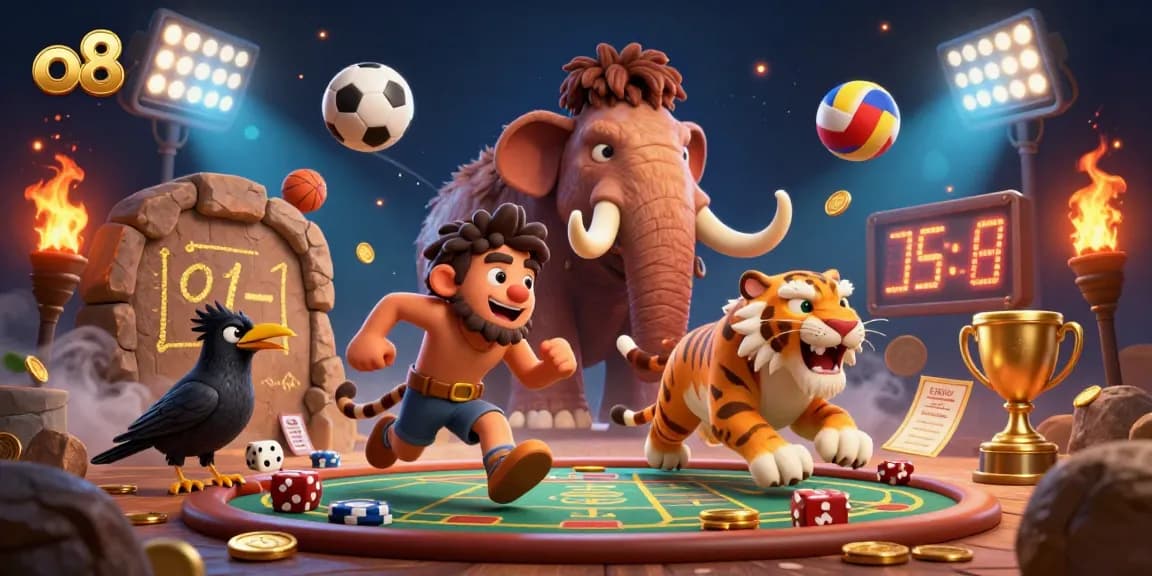 Interact with o8's thrilling casino experience in a vibrant 3D illustration featuring dynamic gambling elements.