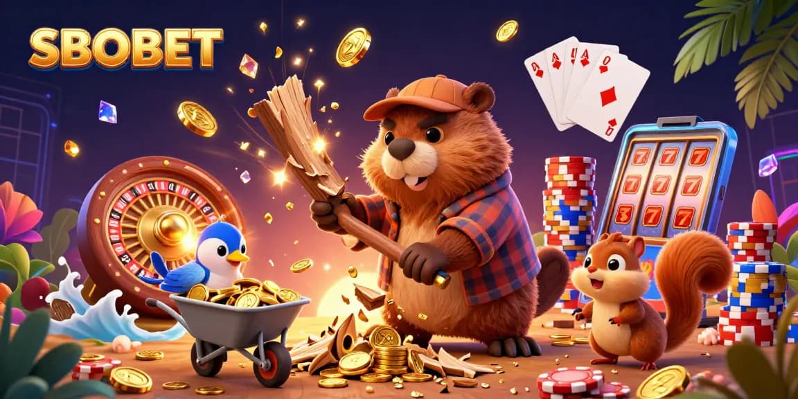 SBOBET mengoptimalkan peluang dengan ilustrasi menarik dari karakter perjudian, termasuk koin emas dan aktivitas permainan.