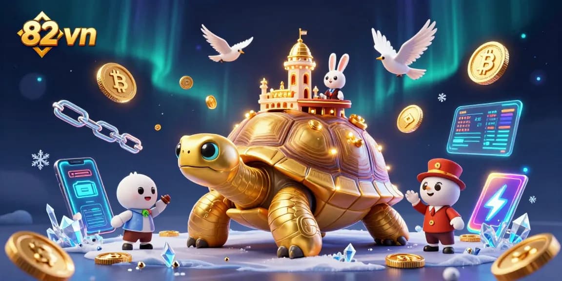 Experience thrilling gaming at 82 vn with a golden tortoise and vibrant casino elements.