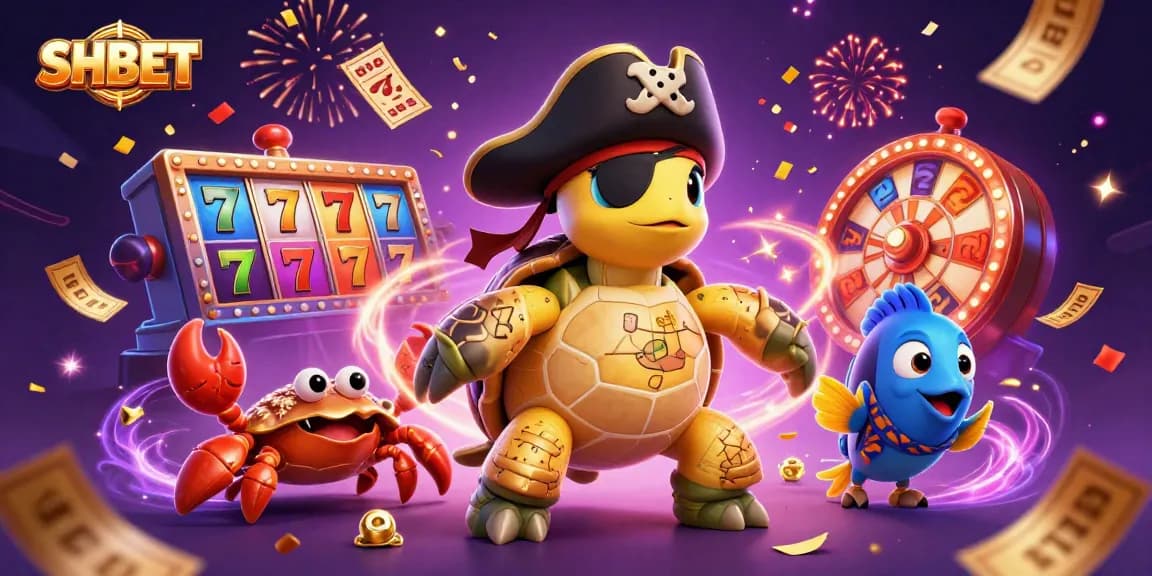 Engage with SHBET’s vibrant casino scene featuring a pirate turtle, crab, and parrotfish amidst a flurry of slots and prizes.