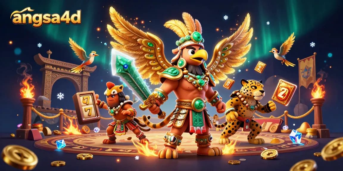 Bets at angsa4d ignite excitement with slot reels and a vibrant casino scene featuring Aztec warriors.