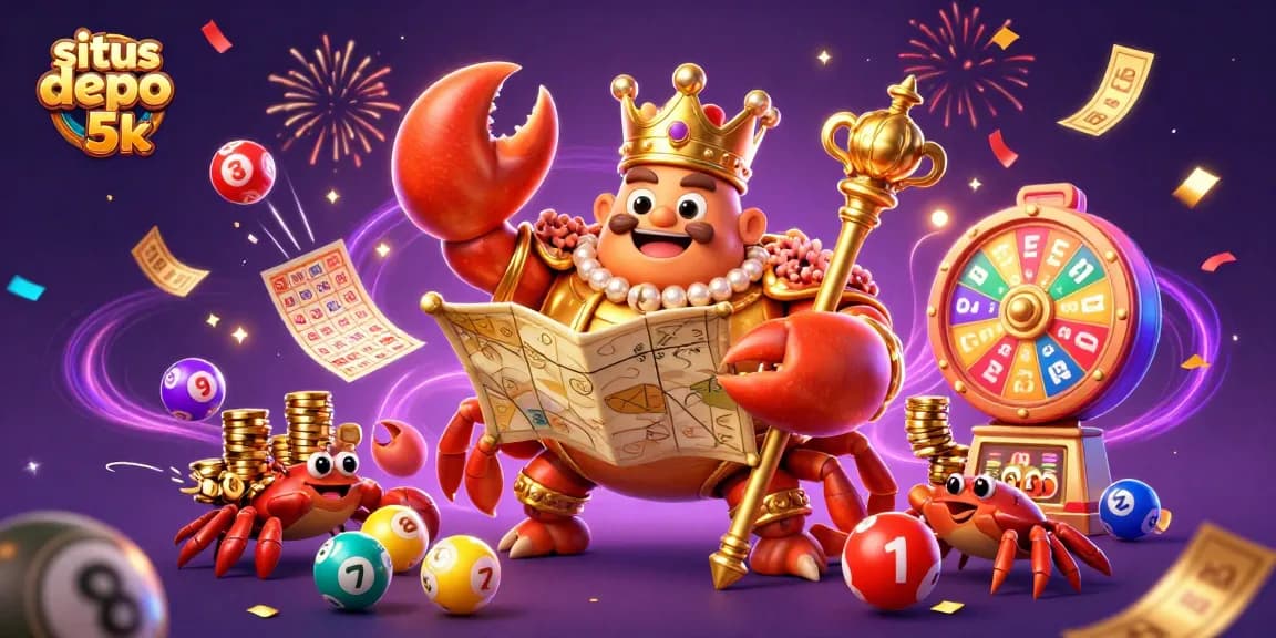 Engage with situs depo 5k featuring a golden crab emperor amidst colorful gaming symbols and vibrant casino elements.