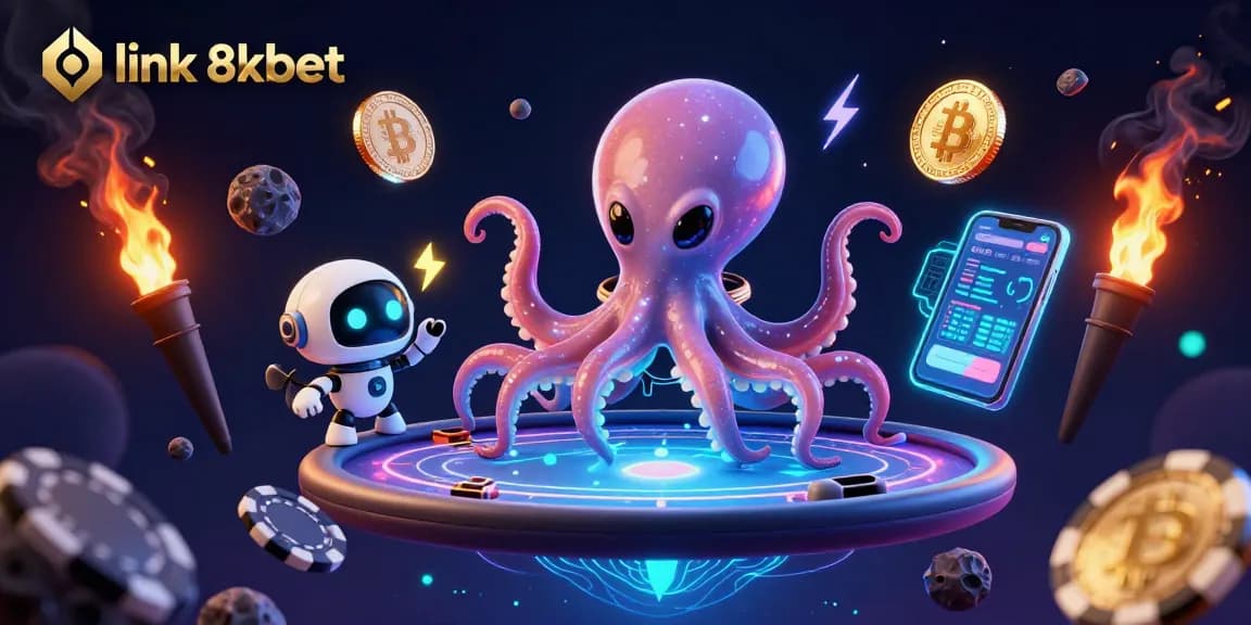 Join the fun at link 8xbet for thrilling gambling adventures with an alien octopus at a holographic poker table.
