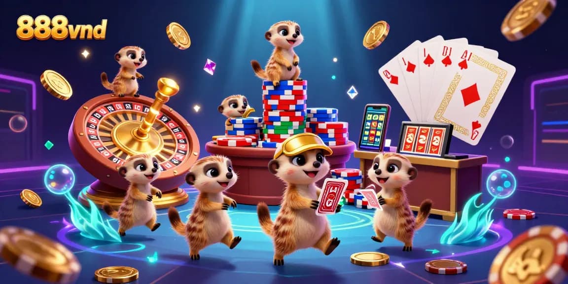 Experience the excitement of 888vnd with charming meerkats in a vibrant casino scene full of games and treasures.