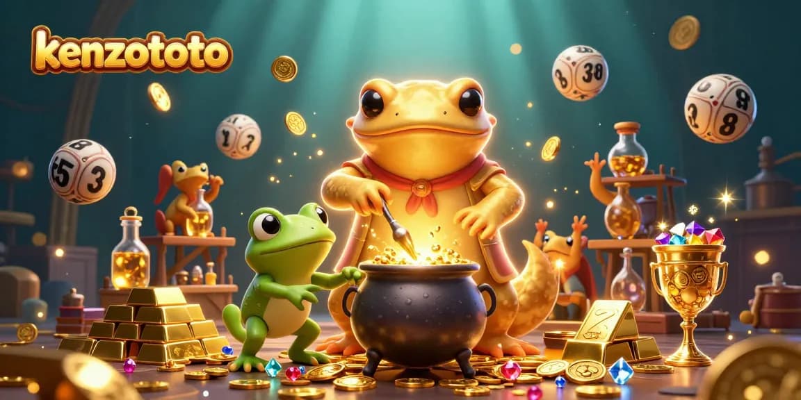 Kenzototo lottery platform showcases vibrant gold coins and rich gaming elements in 3D illustrative art