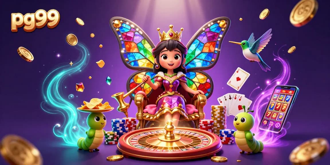 Experience the captivating world of pg99 with a butterfly queen in a vibrant casino scene.