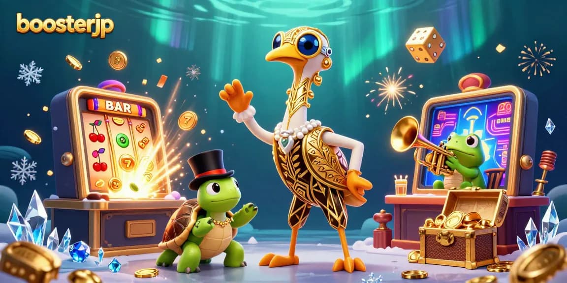 Experience thrilling wins with boosterjp's epic jackpot scene featuring vibrant 3D casino elements.