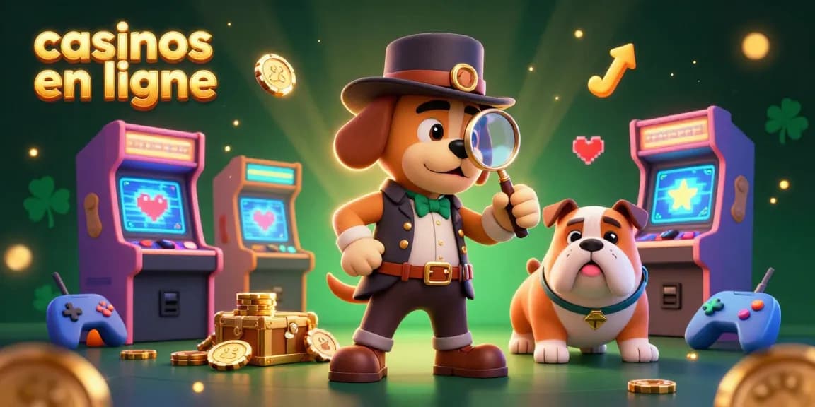 Engagez-vous avec des casinos en ligne dans une scène animée mettant en scène un chien détective et des éléments de jeu.