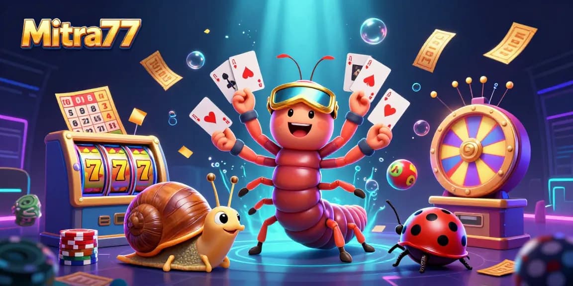 Mitra77 menghadirkan dealer kartun milipede 3D dengan kartu, chip, dan elemen slot dalam suasana berkilau yang dinamis.