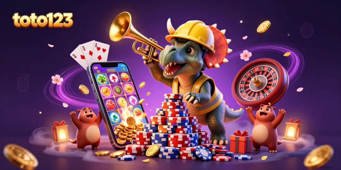 Toto123 celebrates with a triceratops and parasaurolophus in a vibrant casino scene full of games.