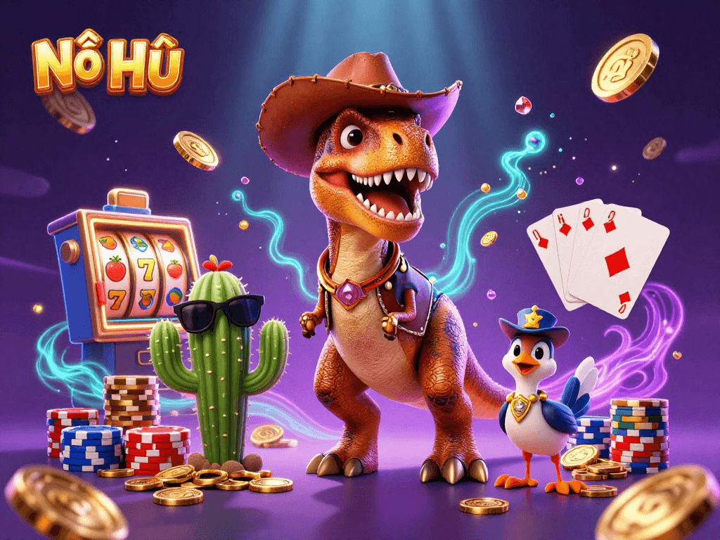 Nổ Hũ spins the slot reels in an engaging 3D casino scene filled with vibrant colors and dynamic elements.