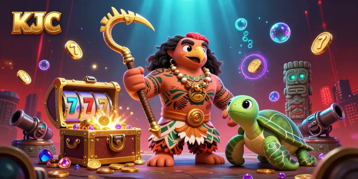 KJC brings excitement to players amidst a vibrant casino scene with spinning slots and gold treasure.