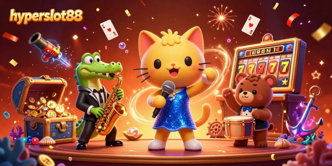Join the exciting fun at hyperslot88 with a dazzling casino scene featuring animated characters and slot game elements.