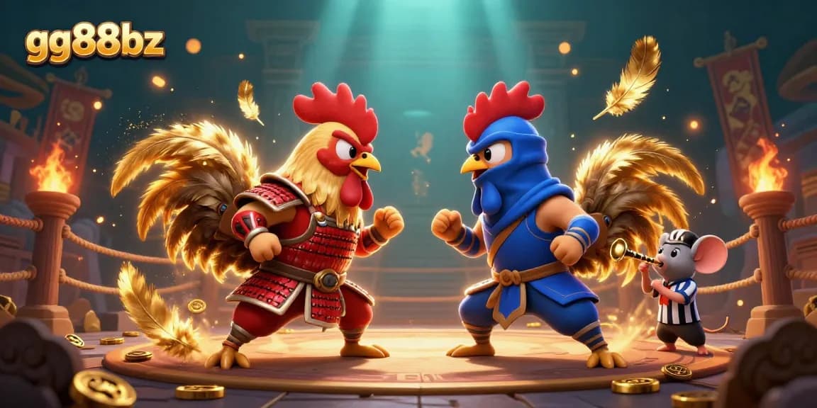 Engage in thrilling battles with gg88bz as roosters in epic showdown, surrounded by winning game elements.