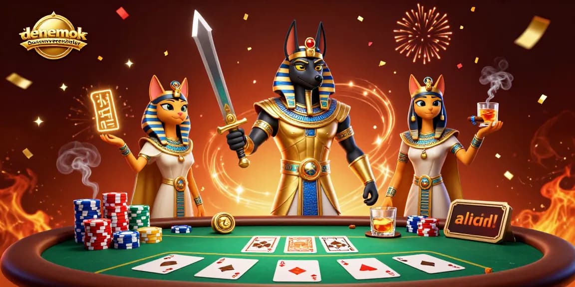 Engage in thrilling gameplay at denemebonusuverensiteler with a vibrant casino backdrop featuring Anubis and Bastet.