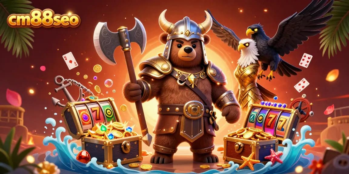 Engage with cm88seo's vibrant casino scene featuring a Viking bear, eagle, and dynamic gaming elements.