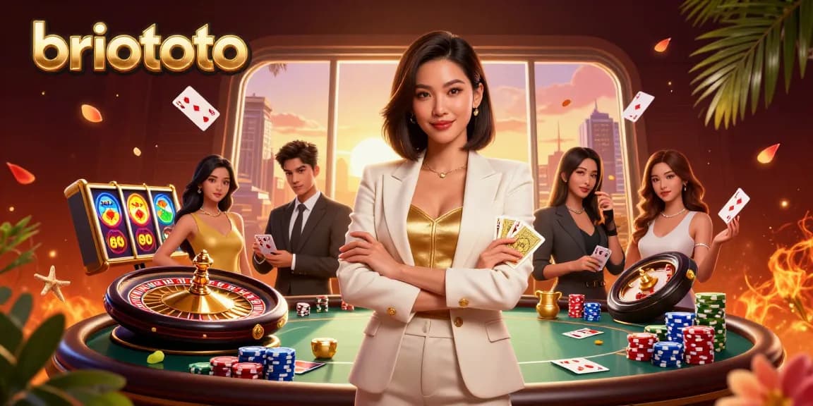 Briototo showcases a glamorous Asian woman expertly playing cards surrounded by dynamic casino elements.