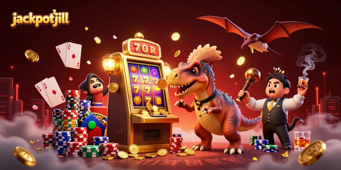 Jackpotjill's pachycephalosaurus celebrating a massive payout at a vibrant casino scene.