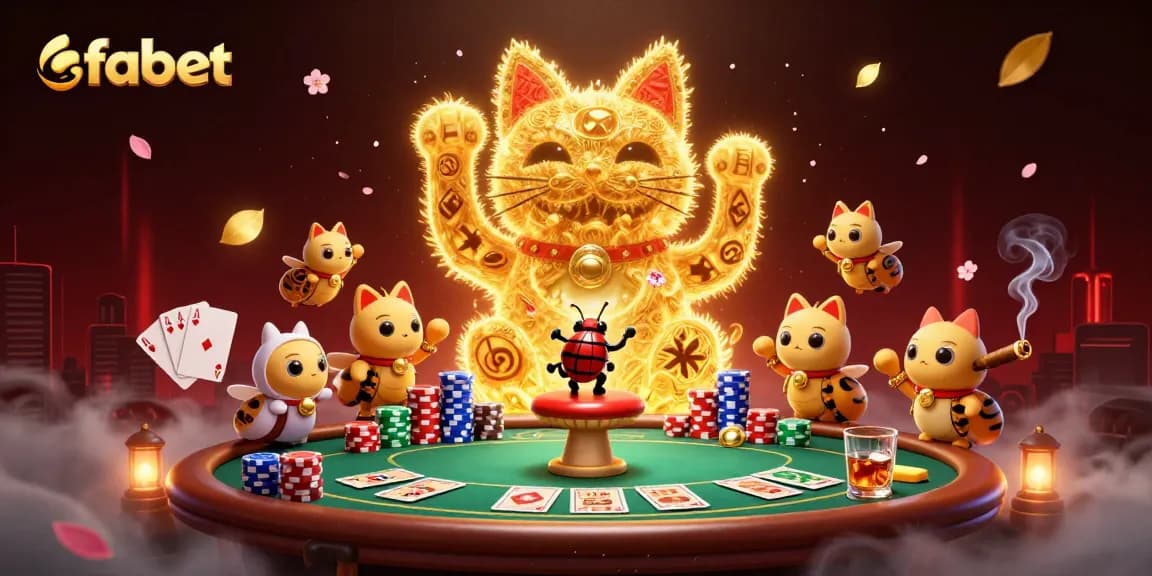 Experience the thrill of fabet as golden fireflies shape a lucky cat in a bustling casino scene.