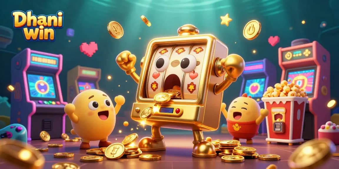 Dhani win showcases a jubilant golden slot machine celebrating a jackpot surrounded by cheerful arcade games.