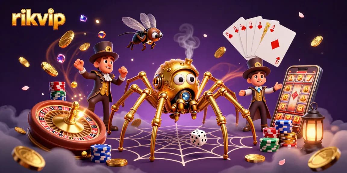 Experience the enchanting world of rikvip as a golden spider weaves a web of fortune in this captivating casino scene.