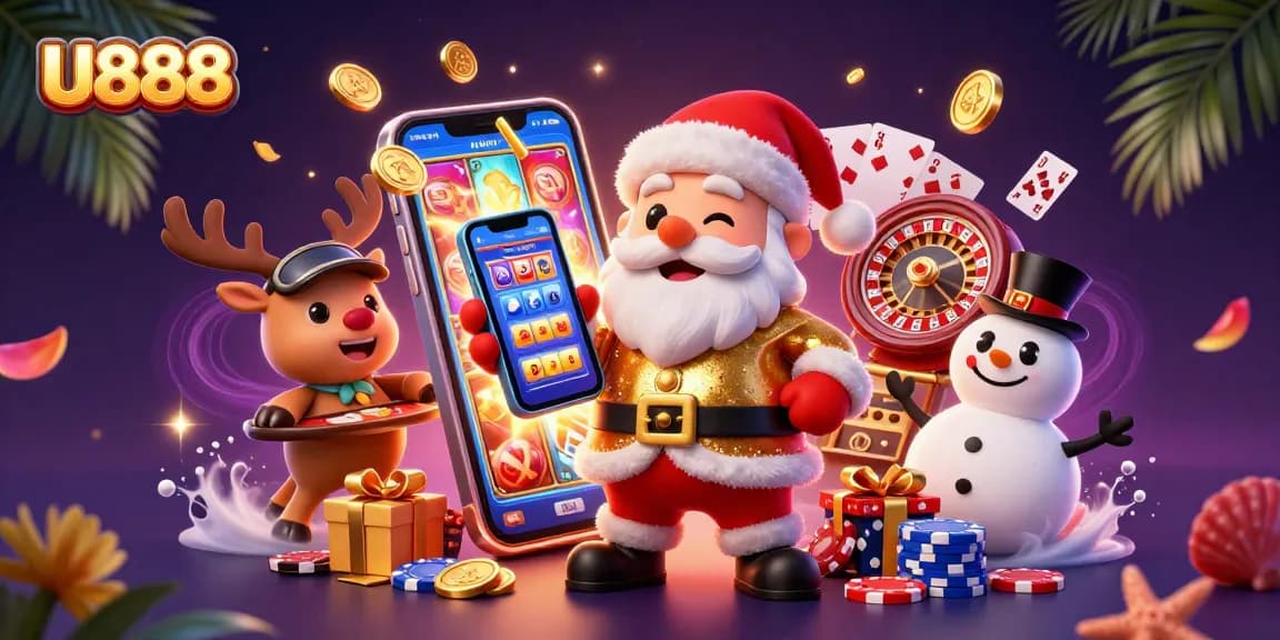 Experience jackpots with U888 in this vibrant casino scene featuring Santa and friends!