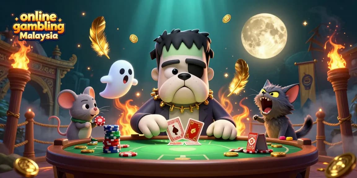 Engaging scene of online gambling Malaysia with Frankenstein bulldog and spooky elements showcasing a dynamic casino atmosphere.