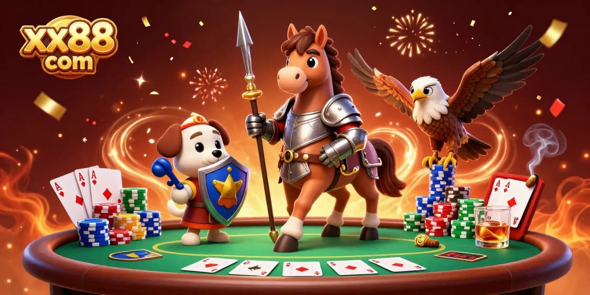 Engage with xx88 com through thrilling poker action featuring knights and playful characters.
