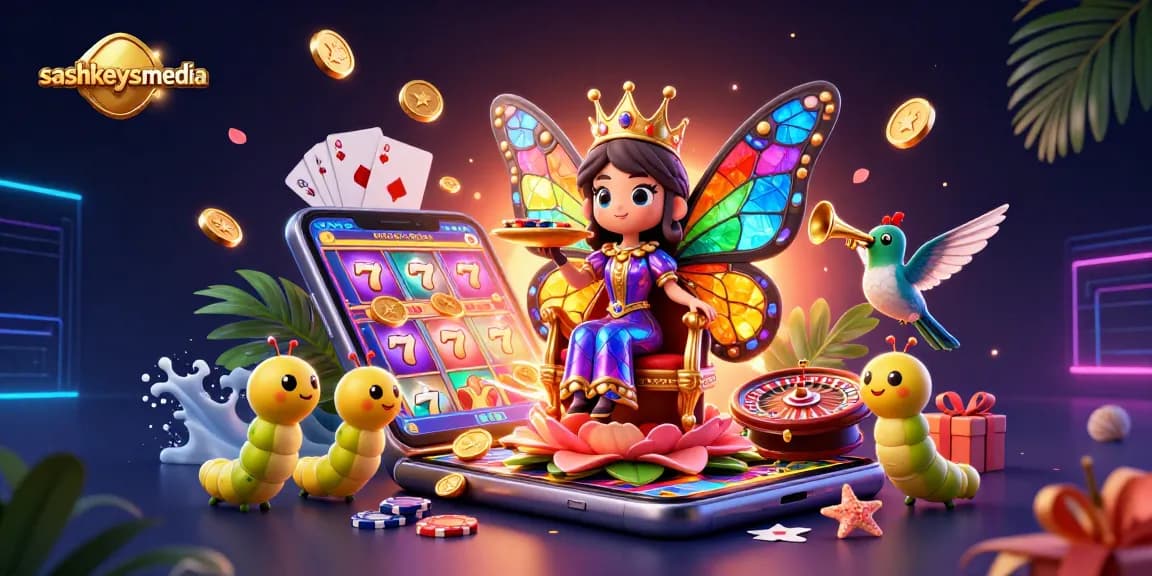 Sashkeysmedia showcases a dynamic casino scene with a butterfly queen and vibrant gaming elements.