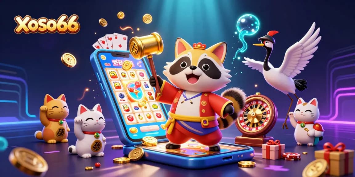 Engage with xoso66's vibrant lottery gameplay with tanuki, crane, and fortune cats in this 3D illustration.
