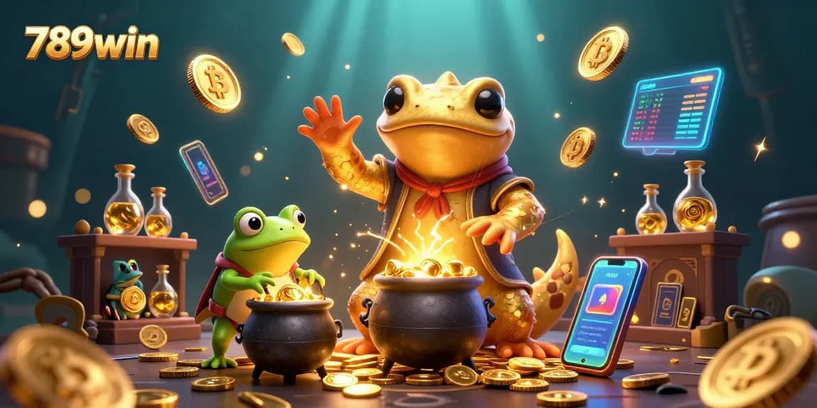 Win big with 789win in a vibrant digital illustration showcasing a golden salamander alchemist.