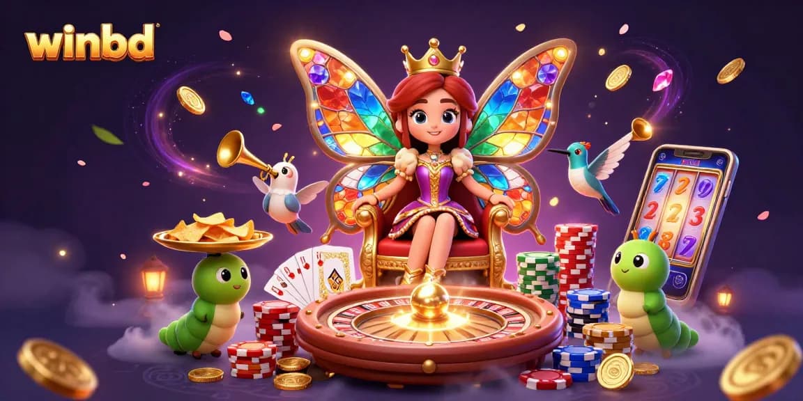 Winbd players engage with a vibrant 3D casino scene filled with jewels and games.