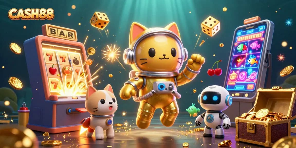 CASH88 engages players with vibrant slot excitement featuring a golden astronaut cat and robot dog.