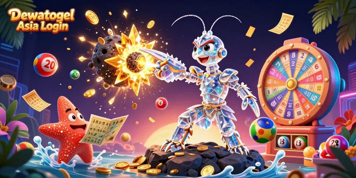 Dewatogel Asia Login presents a vibrant 3D scene of a shrimp hero and starfish with lottery elements.