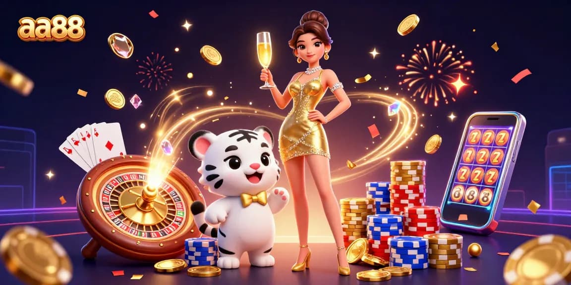Engage in thrilling aa88 casino experiences with a glamorous woman and lucky tiger in an exciting scene.