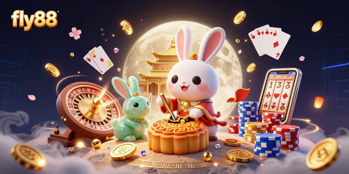 Fly88 showcases a vibrant 3D scene with a moon rabbit and casino elements, delivering captivating gaming excitement.