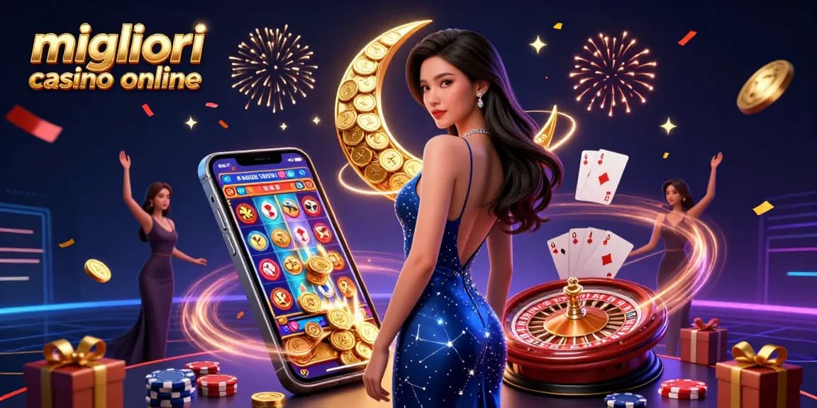 Scopri l'emozione dei migliori casino online con questa dinamica illustrazione 3D di un casinò, che presenta elementi di gioco vibranti.
